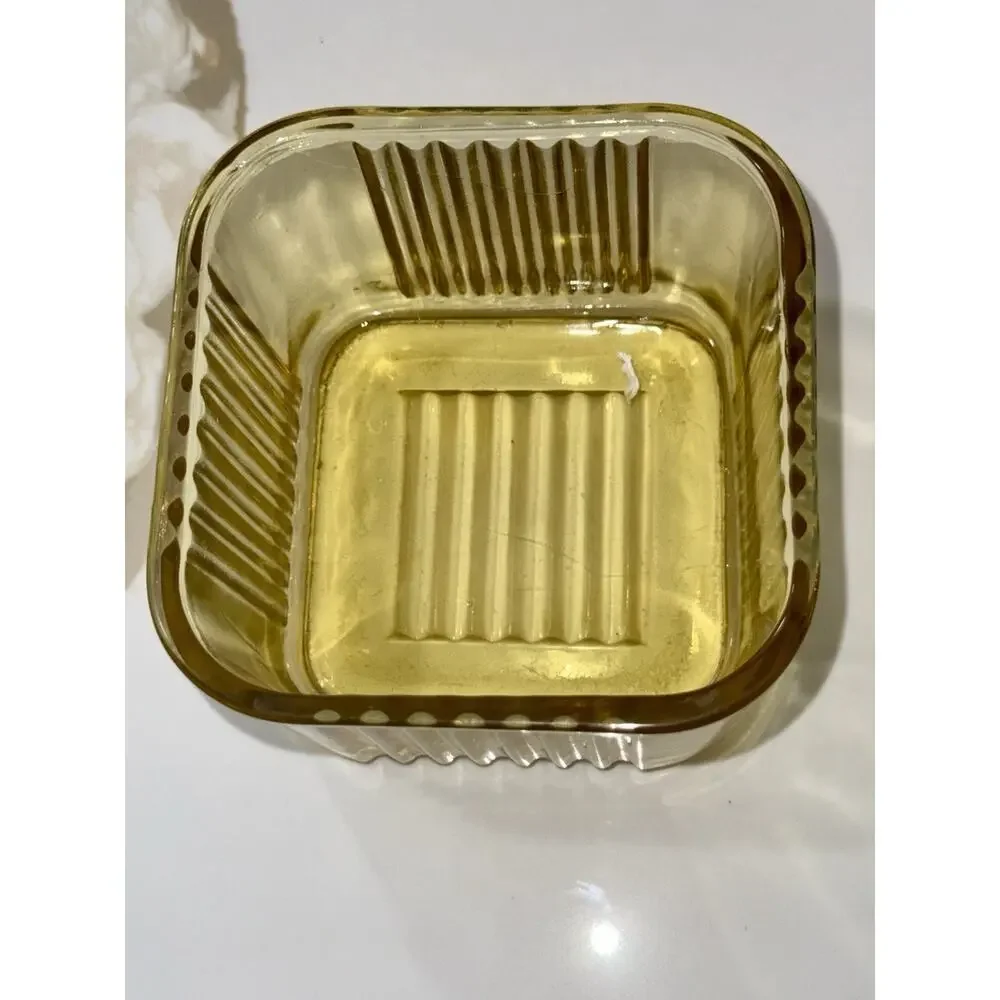 Federal Amber Depression Glass Square Ribbed Refrigerator Dish W/Lid 3.5”x4”